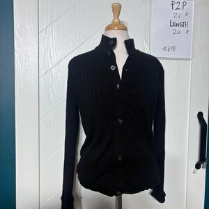 Classic Black 100% Wool‎ Ribbed Mock Neck Button Sweater/ Faux cardigan